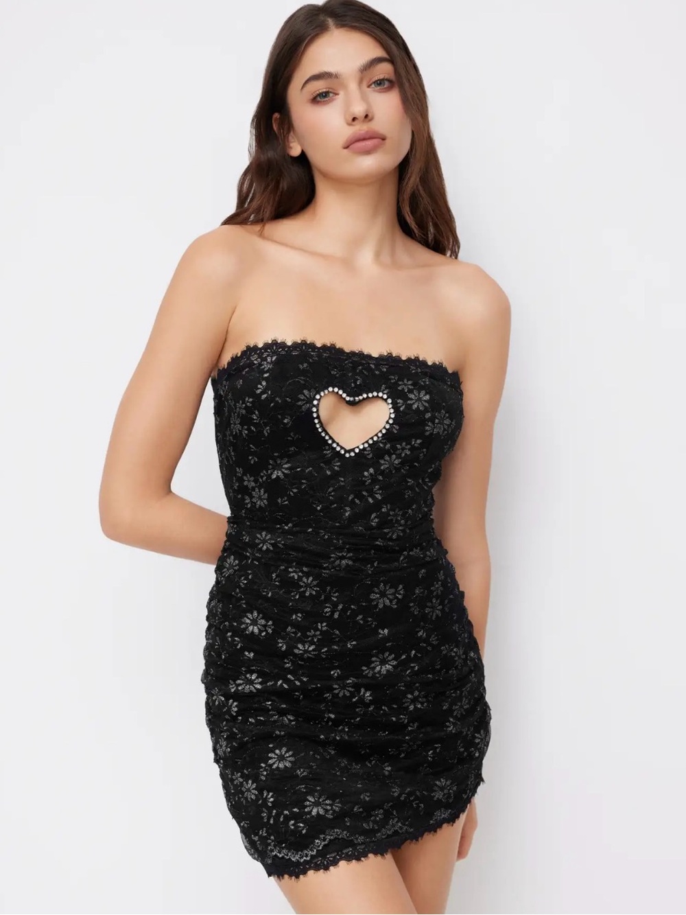 Cider Black Lace Strapless Dress with Jewel Heart Cutout
